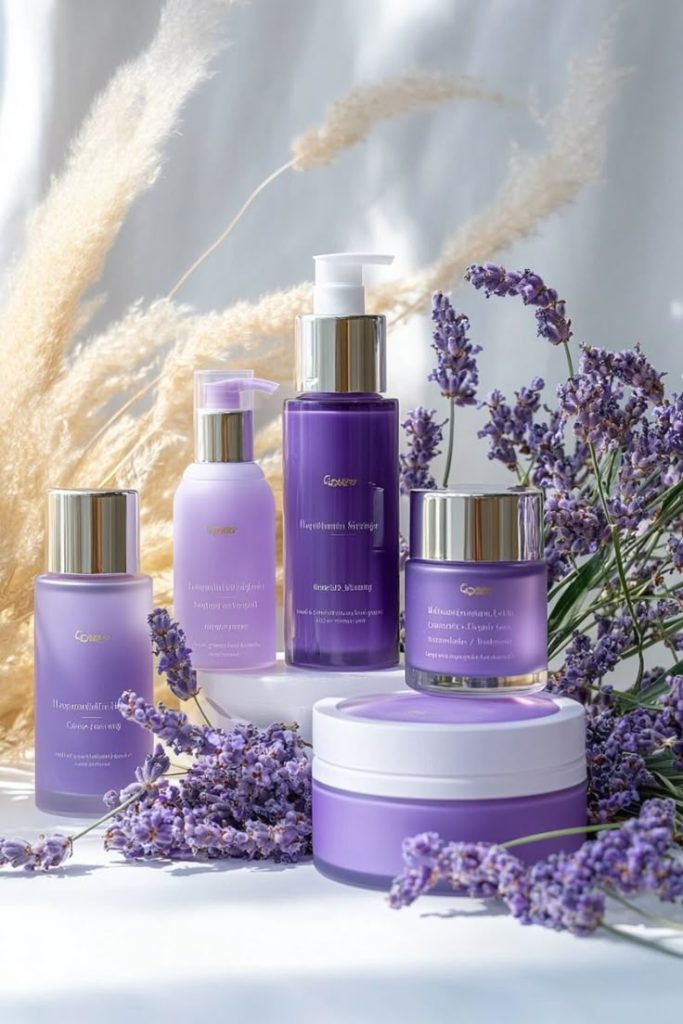 Purple skincare products displayed with fresh… 1